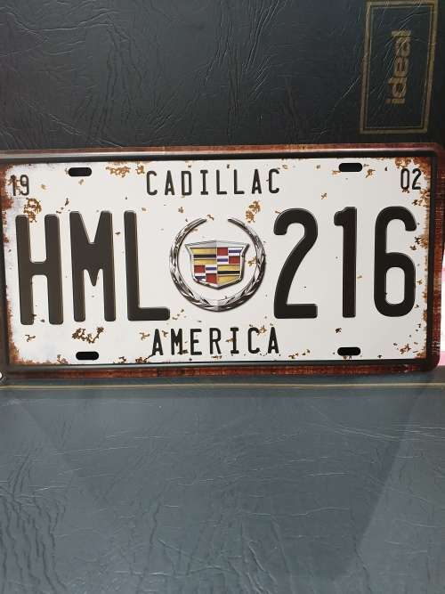 VINTAGE STYLE PRESSED METAL CADILLAC NUMBER PLATE SIGN