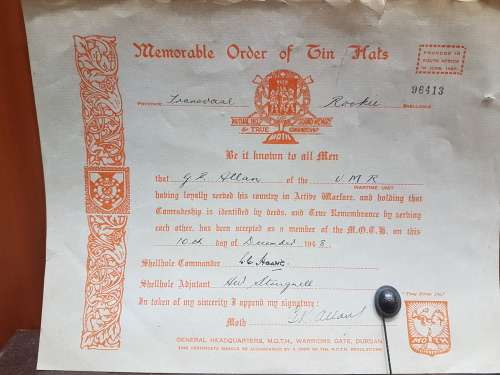 ORIGINAL MEMORABLE ORDER OF TIN HATS CERTIFICATE...1940s
