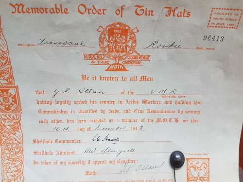 ORIGINAL MEMORABLE ORDER OF TIN HATS CERTIFICATE...1940s