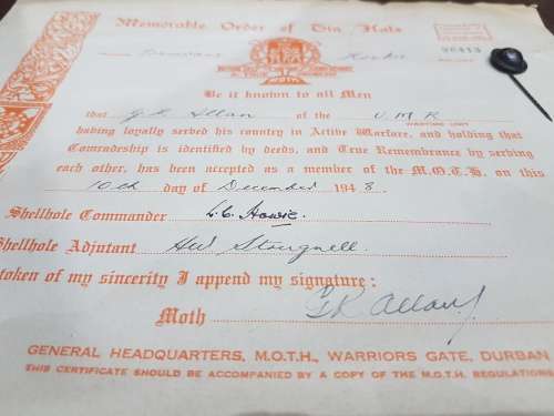 ORIGINAL MEMORABLE ORDER OF TIN HATS CERTIFICATE...1940s