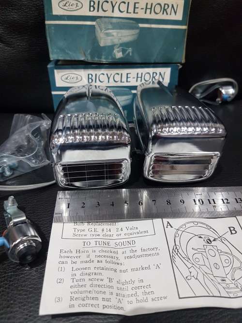 TWO VINTAGE CHROMED LIEZ BICYCLE HORN