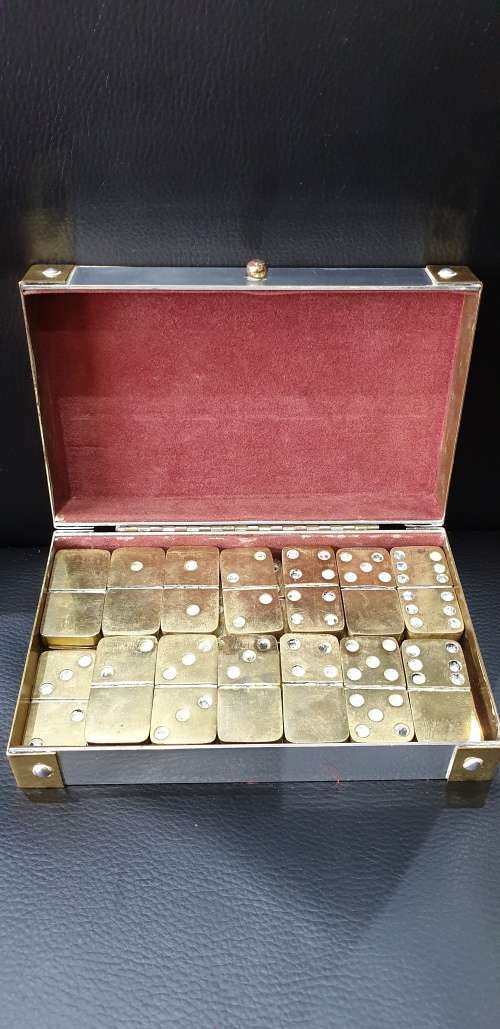 VINTAGE SOLID BRASS DOMINO'S IN BRASS/METAL BOX 27 piece(RARE FIND)