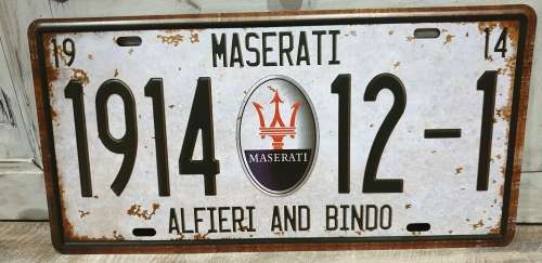 VINTAGE STYLE PRESSED METAL MASERATI NUMBER PLATE SIGN