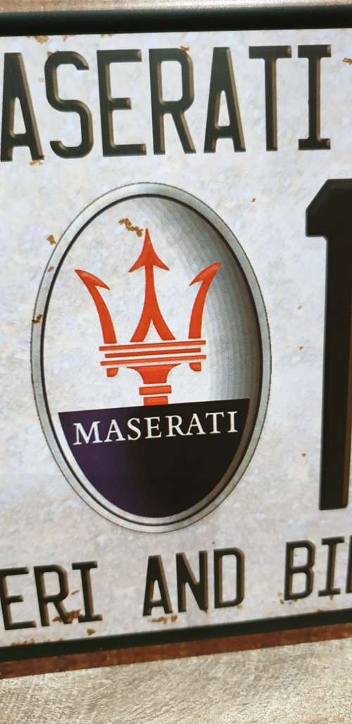 VINTAGE STYLE PRESSED METAL MASERATI NUMBER PLATE SIGN