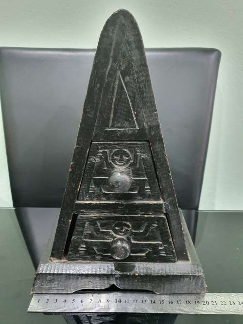 UNUSUAL SOLID WOODEN TWO DRAWER HAND CARVED PYRAMID ORGANIZER