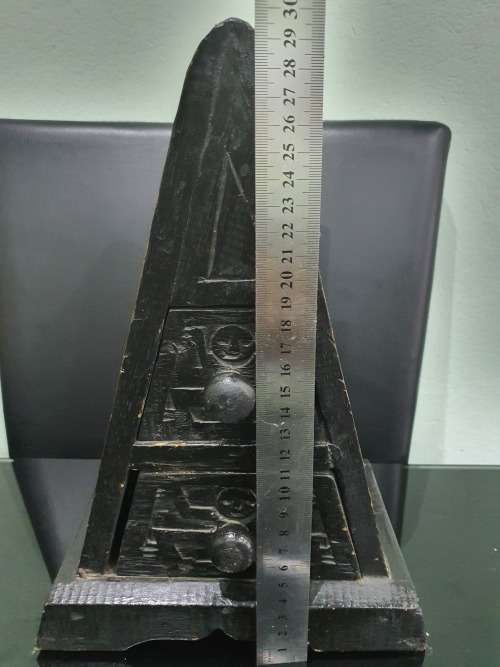 UNUSUAL SOLID WOODEN TWO DRAWER HAND CARVED PYRAMID ORGANIZER