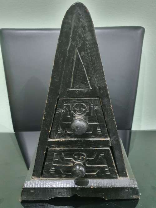 UNUSUAL SOLID WOODEN TWO DRAWER HAND CARVED PYRAMID ORGANIZER