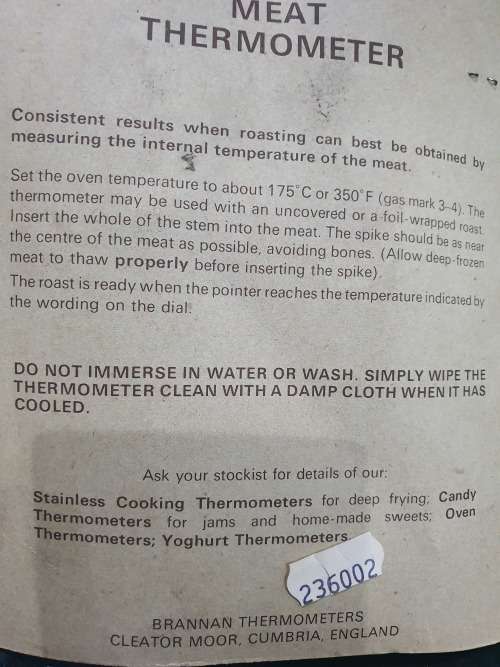 VINTAGE BRANNAN MEAT THERMOMETER IN ITS ORIGINAL PACKAGING..STAINLESS STEEL