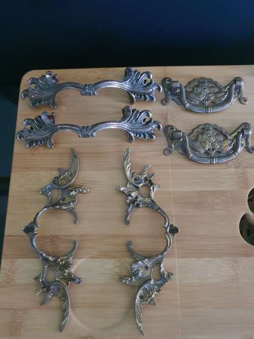 THREE PAIRS SOLID BRASS VINTAGE DOOR/DRAWER  HANDLES...ONE BID FOR ALL