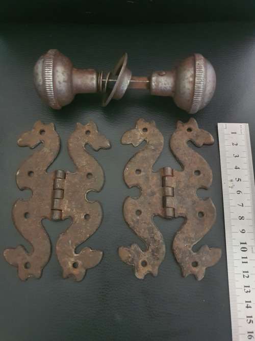 VERY OLD RUSTIC DOOR HINGE AND DOOR HANDLE