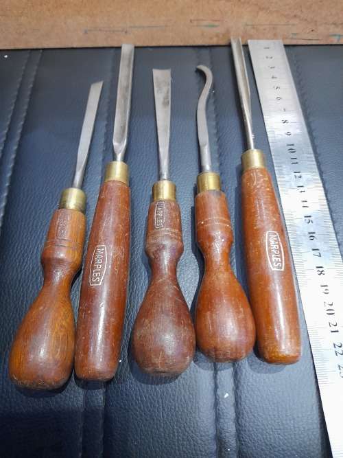 FIVE VINTAGE MARPLES WOOD CHISELS...ONE BID FOR ALL