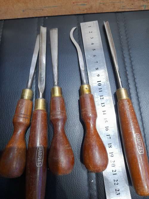 FIVE VINTAGE MARPLES WOOD CHISELS...ONE BID FOR ALL