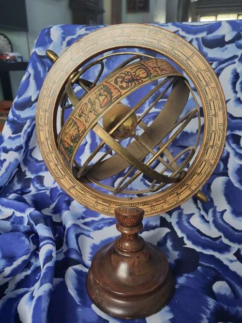 MODEL OF AN OLD ARMILLARY SPHERE - BRASS & WOOD