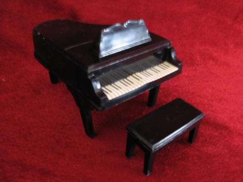 A DOLLS HOUSE SET- LOUNGE with BABY GRAND PIANO, DINING, BEDROOM & BATHROOM