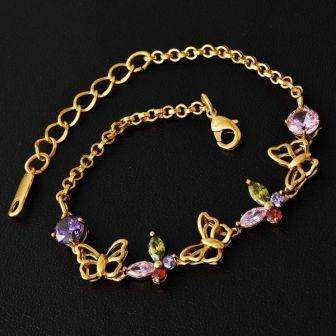 Stunning Womens Yellow Gold Filled Rainbow CZ Butterfly Flower Bracelet