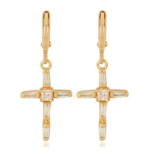 9K Solid Gold Filled Cubic Zirconia Cross Dangle Earrings,Unisex