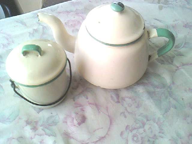ENAMEL SELDOM FOUND AS A PAIR SWEDISH TEA POT AND SUGAR BOWL