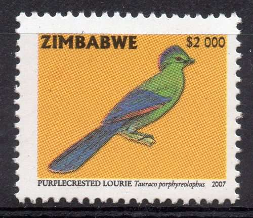 Zimbabwe 2007 MNH Purplecrested Lourie um -  Birds