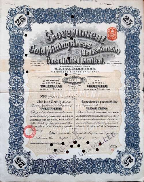 Modderfontein Gold Mining Share certificate