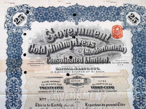Modderfontein Gold Mining Share certificate