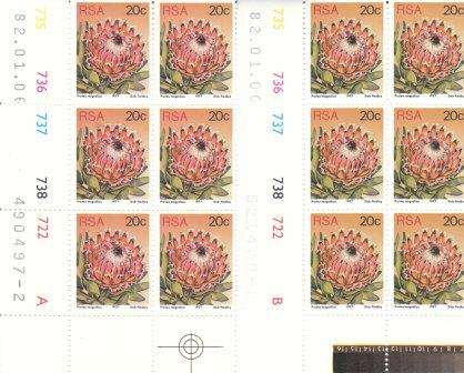 RSA proteas 20 cents c/blocks A & B 06.01.82