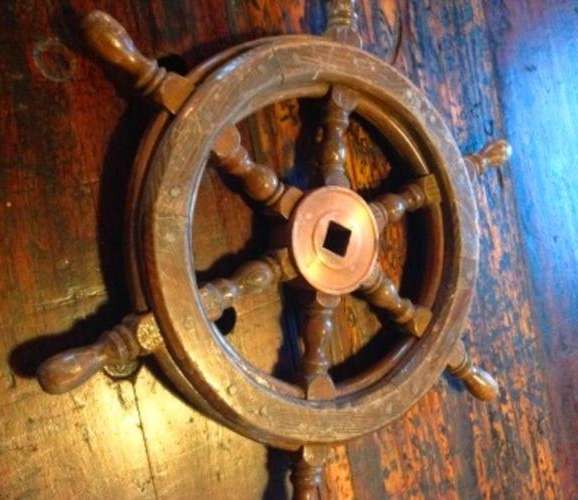 AWESOME VINTAGE WOODEN TEAK SHIP STEERING WHEEL