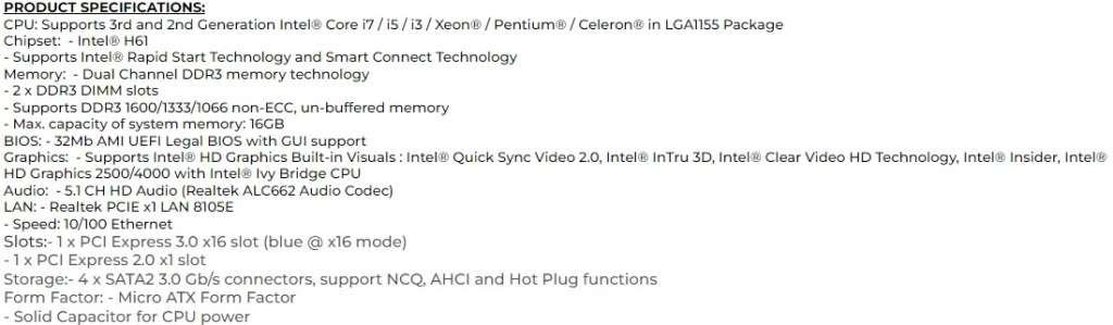 ASROCK H61M-VS4 ** MOTHERBOARD ** GOOD CONDITION ** WARRANTY **