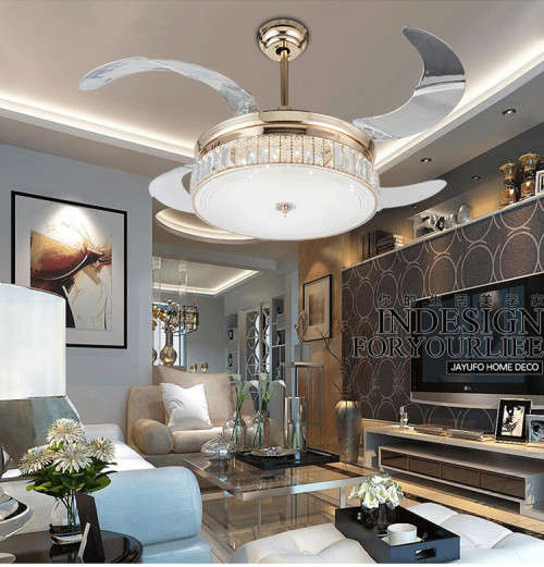 lighting crystal mosaic fan lights LED3 section variable light remote control telescopic crystal fan