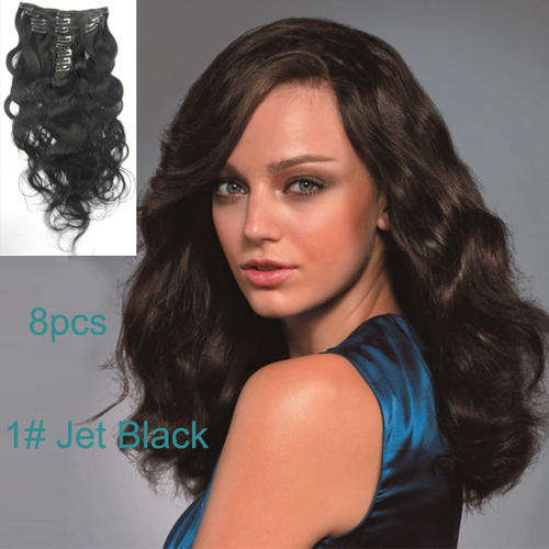 15inch Brazilian Remy Human  Hair Body Wavy  Clip in Hair Extension in Color #1B