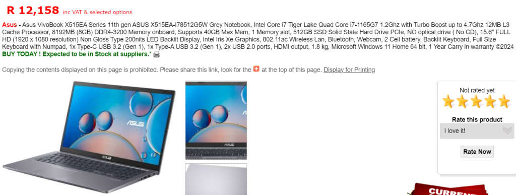 Asus Vivobook 11th Gen i7, 16GB RAM, 512SSD, FHD