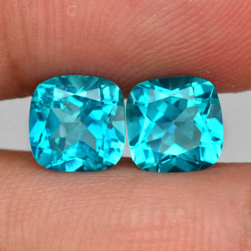 TOP JEWELERS QUALITY PARAIBA BLUE TOPAZ PAIR- 3.82 Cts (7 x 7mm) - Cushion cut