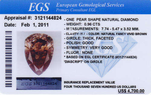EGS CERTIFIED DIAMOND (Lazer inscribed) (Val $4,700) (0.96 Ct - Fancy Brown - Cut  V. Good)