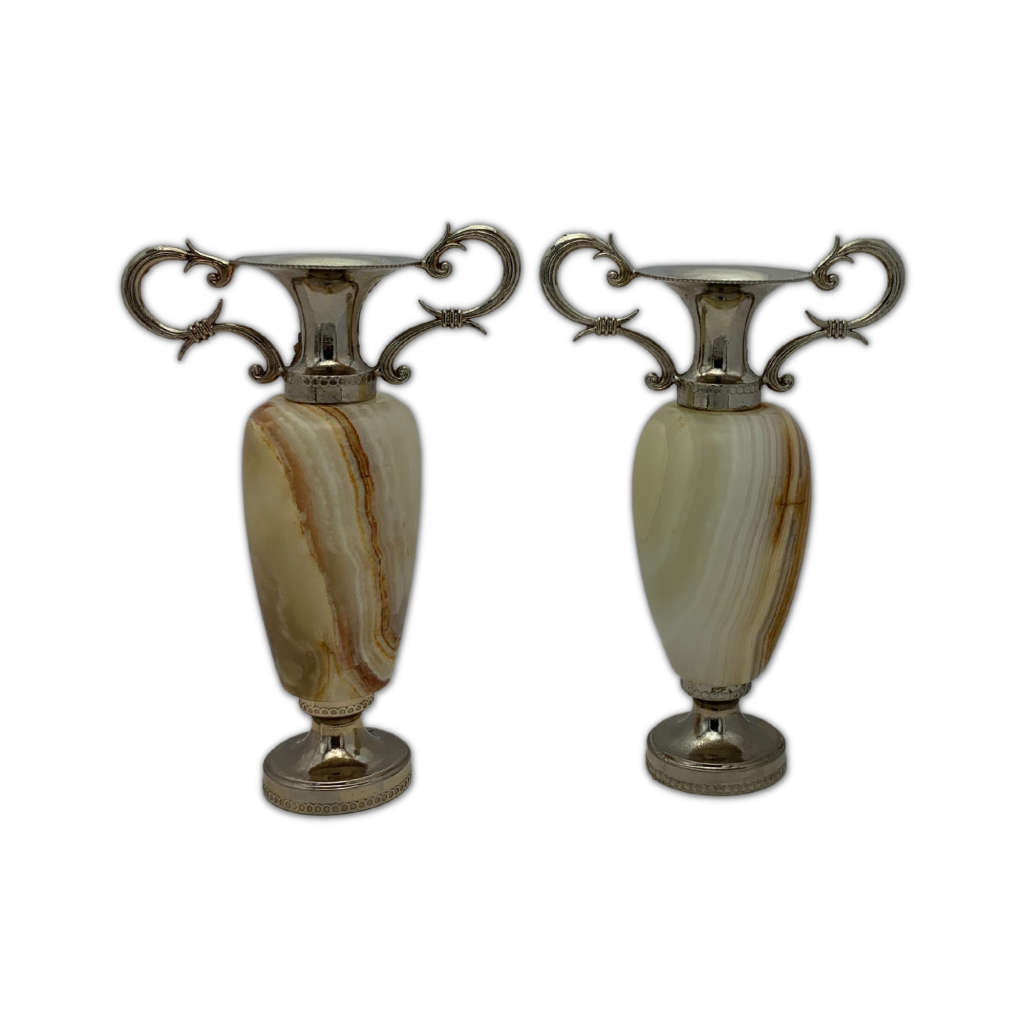 Pair of Mini Bud Vases, Amphora, Incense Burner, Flower Urns, Marble with Scrolled Metal Handles