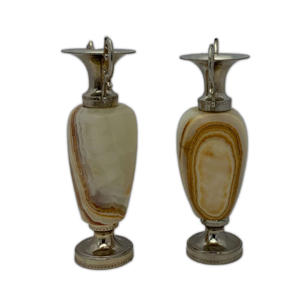 Pair of Mini Bud Vases, Amphora, Incense Burner, Flower Urns, Marble with Scrolled Metal Handles