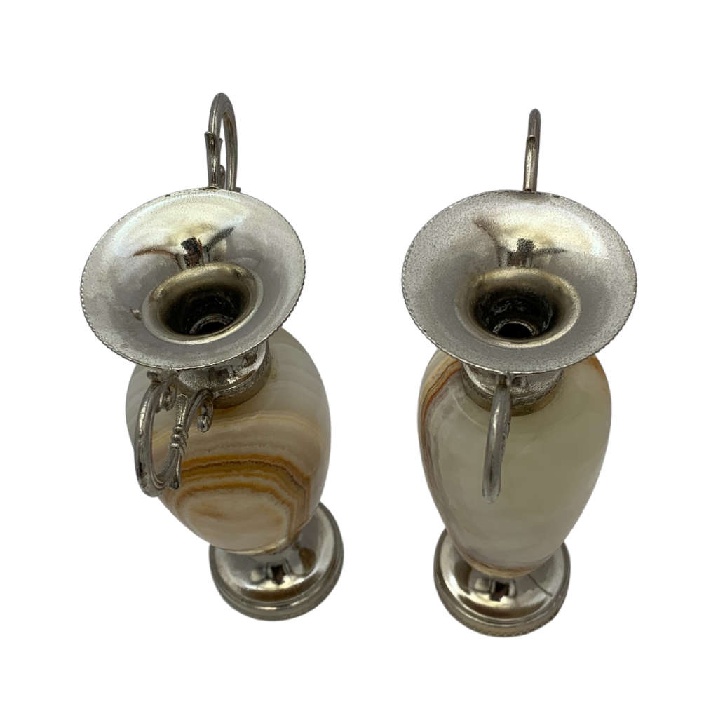 Pair of Mini Bud Vases, Amphora, Incense Burner, Flower Urns, Marble with Scrolled Metal Handles
