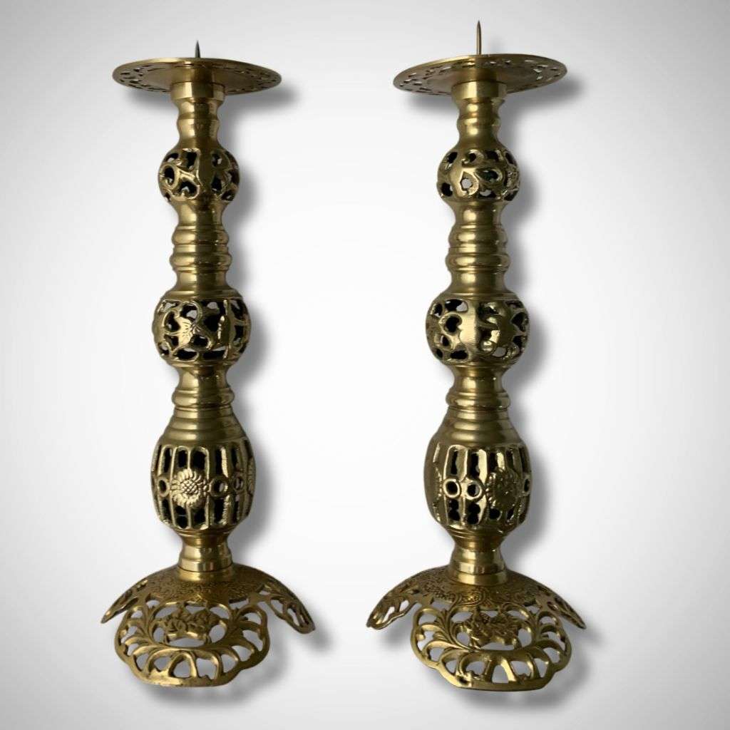 Pair of Solid Large Altar Candle Holders 37.4cm Solid Mid-Century Brass -  c1960