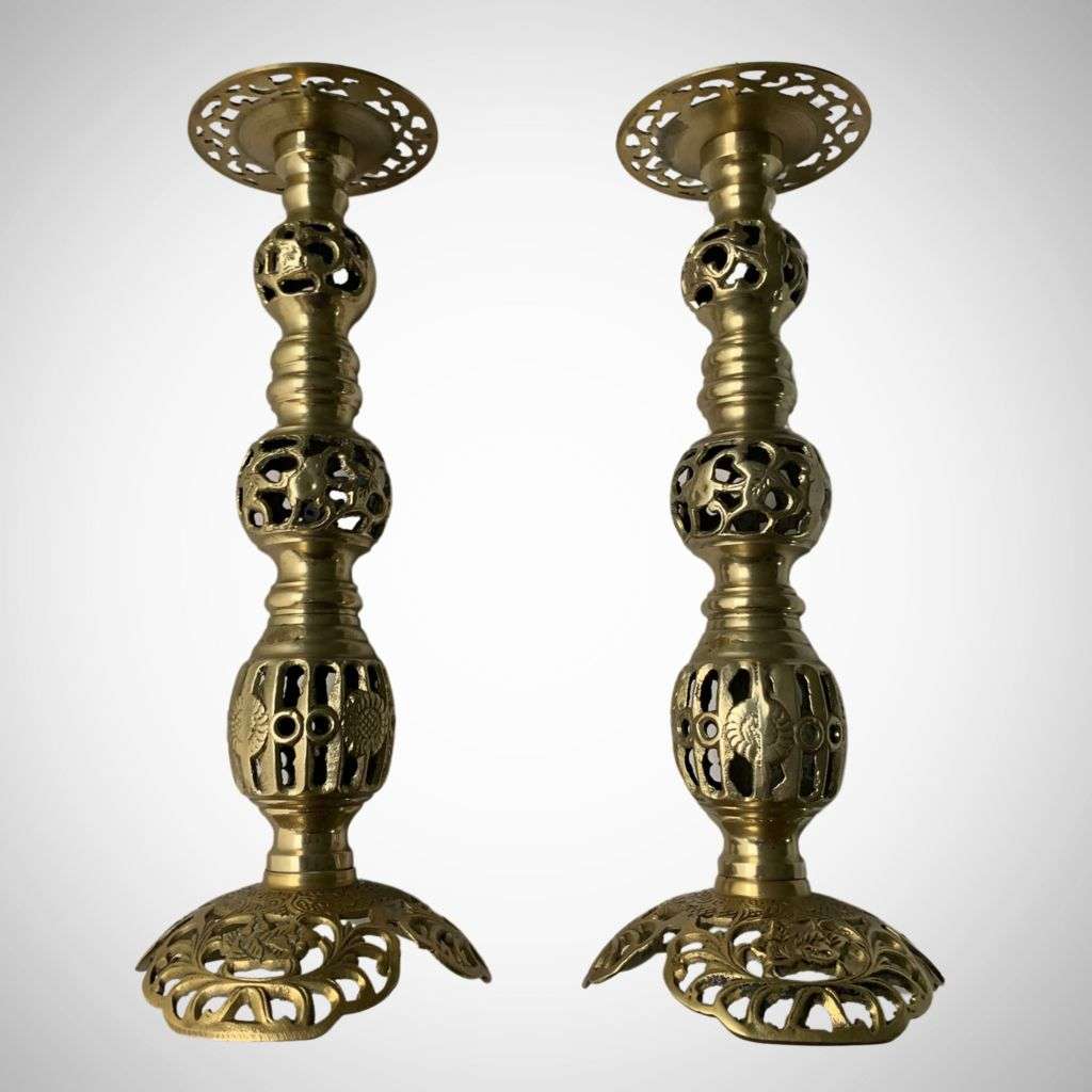 Pair of Solid Large Altar Candle Holders 37.4cm Solid Mid-Century Brass -  c1960