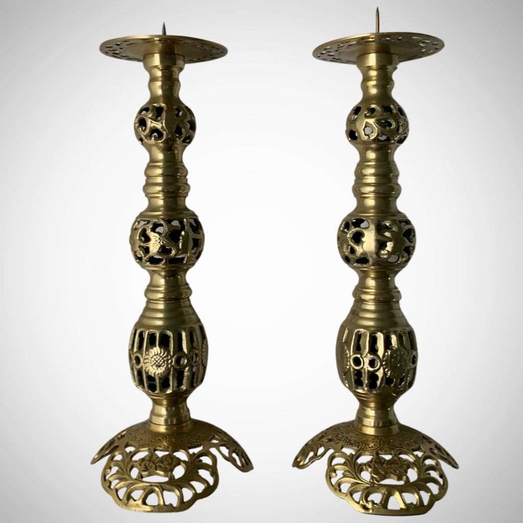 Pair of Solid Large Altar Candle Holders 37.4cm Solid Mid-Century Brass -  c1960