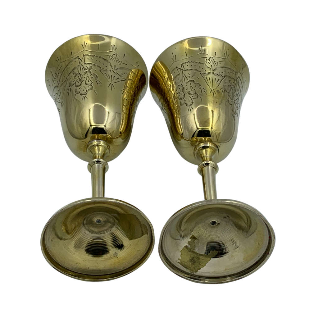 Lot of 6 Mixed Metal EPNS Marked Wine Goblets, Previously Silverplated, Brass with India Etched