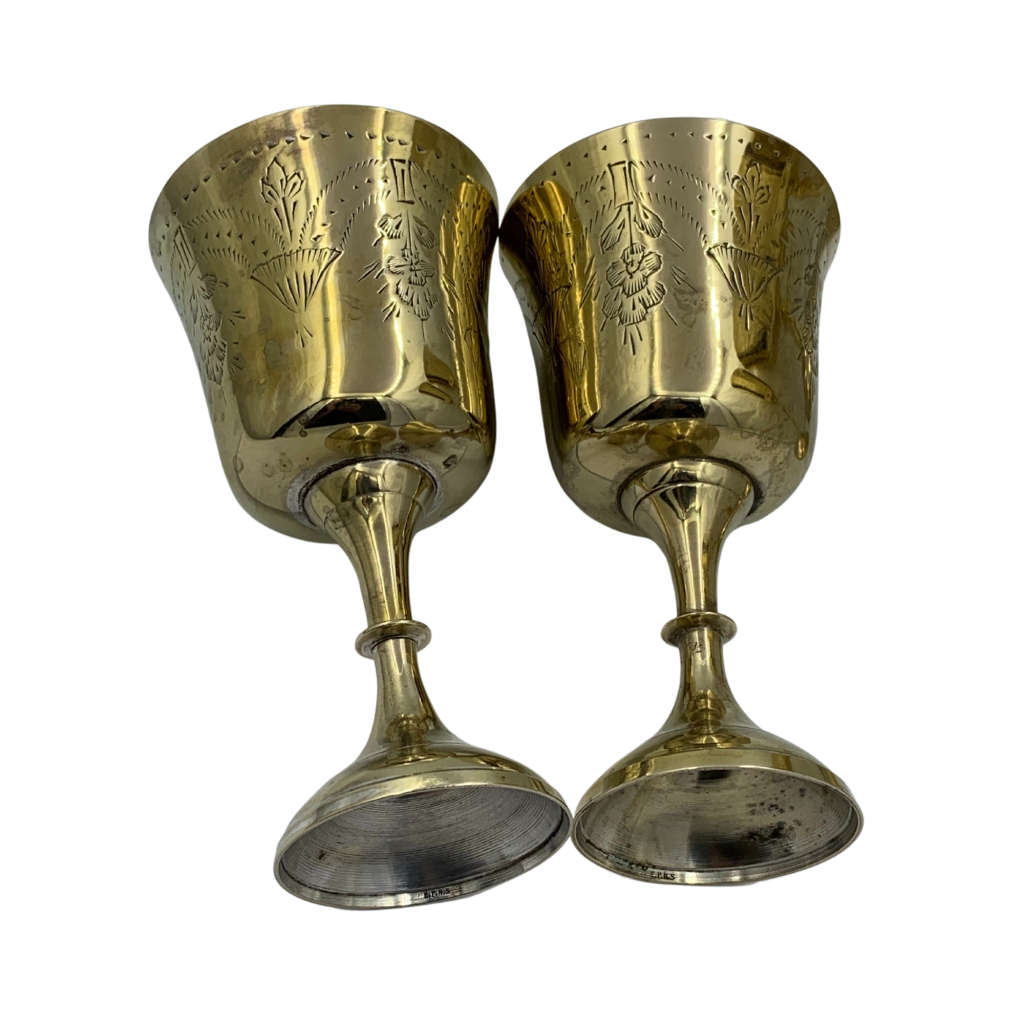 Lot of 6 Mixed Metal EPNS Marked Wine Goblets, Previously Silverplated, Brass with India Etched