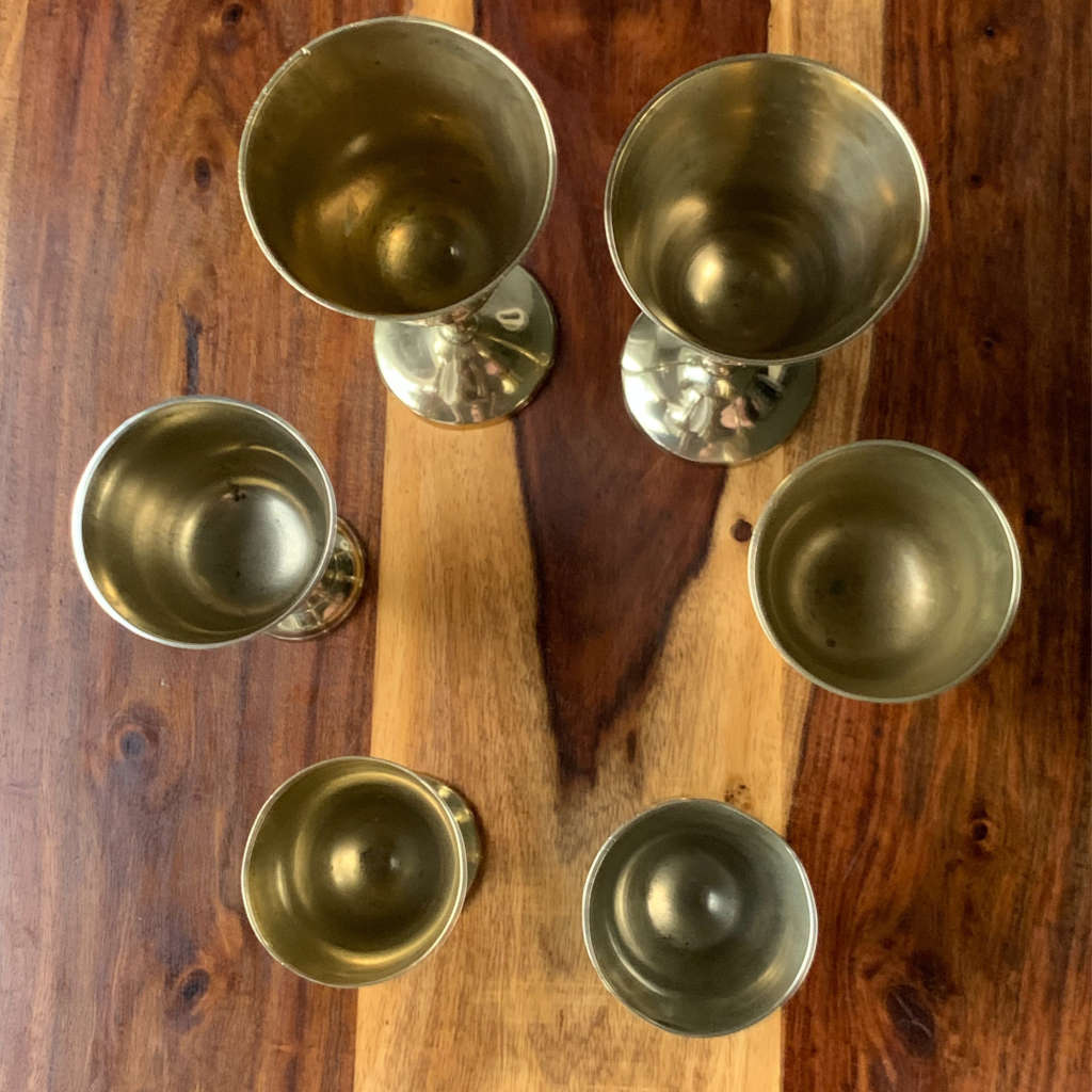 Lot of 6 Mixed Metal EPNS Marked Wine Goblets, Previously Silverplated, Brass with India Etched