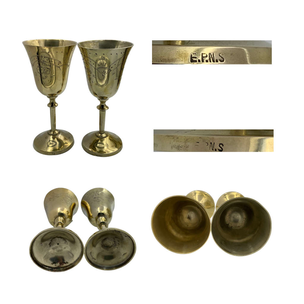Lot of 6 Mixed Metal EPNS Marked Wine Goblets, Previously Silverplated, Brass with India Etched