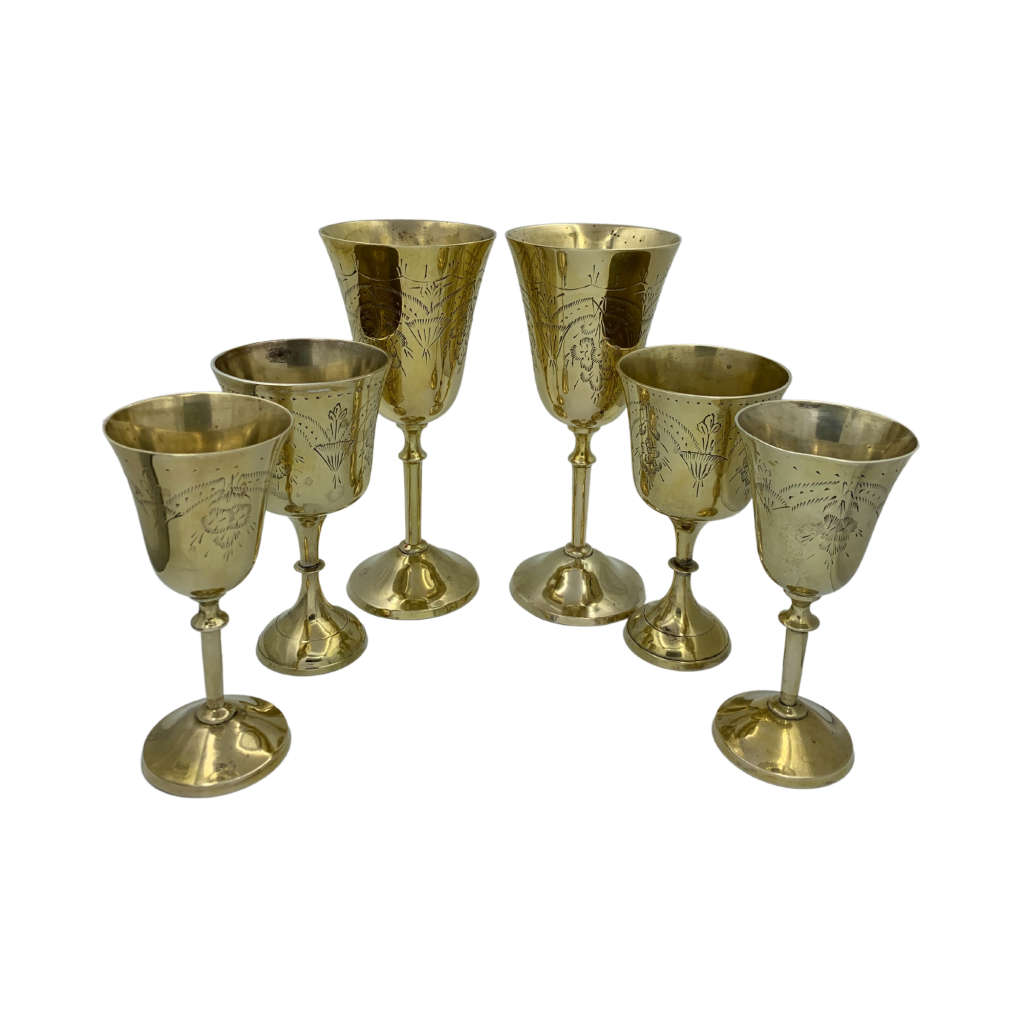 Lot of 6 Mixed Metal EPNS Marked Wine Goblets, Previously Silverplated, Brass with India Etched