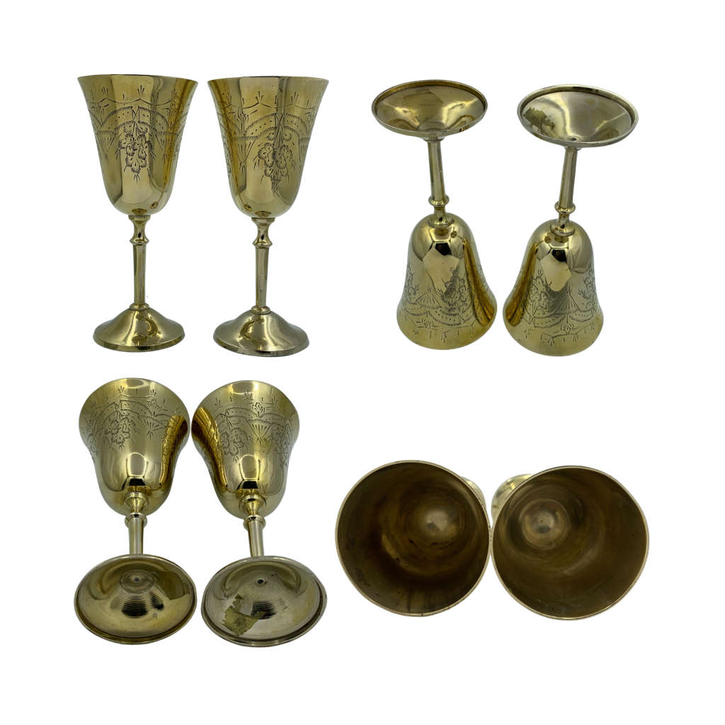 Lot of 6 Mixed Metal EPNS Marked Wine Goblets, Previously Silverplated, Brass with India Etched
