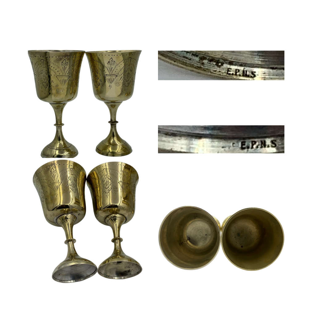 Lot of 6 Mixed Metal EPNS Marked Wine Goblets, Previously Silverplated, Brass with India Etched