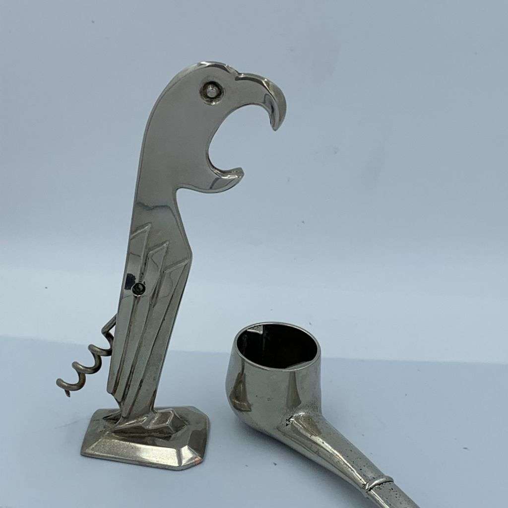 Vintage 1930s Art Deco Barware Parrot Bird and Smoking Pipe Bottle Openers