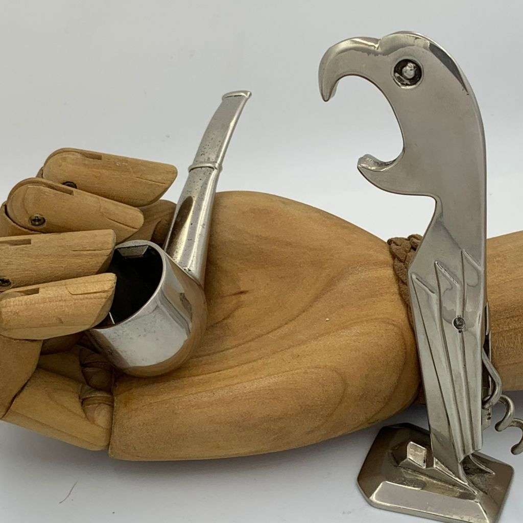 Vintage 1930s Art Deco Barware Parrot Bird and Smoking Pipe Bottle Openers