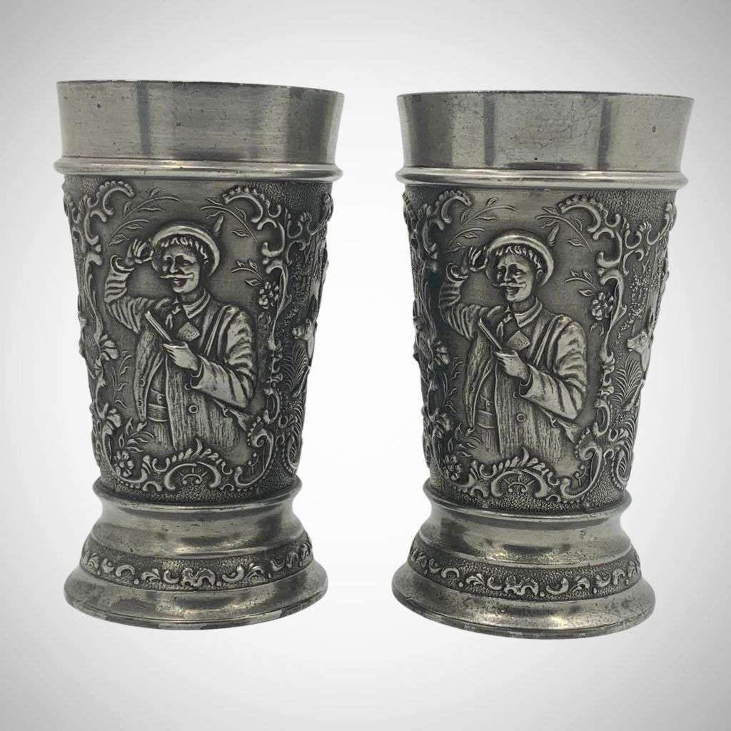 Rare Vintage Frieling Zinn German Pewter Drinking Cups - Set of 2, Deer Scenes