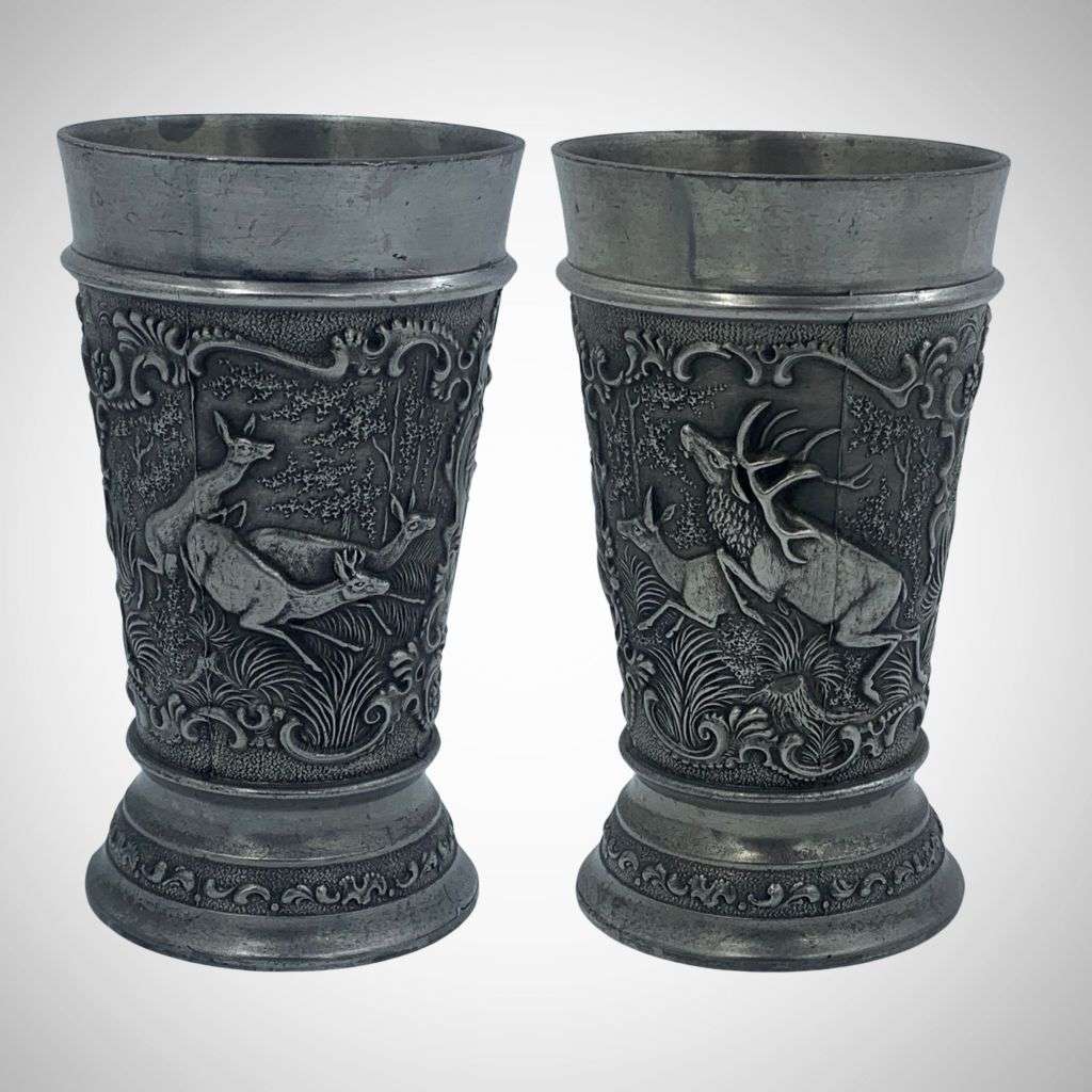 Rare Vintage Frieling Zinn German Pewter Drinking Cups - Set of 2, Deer Scenes