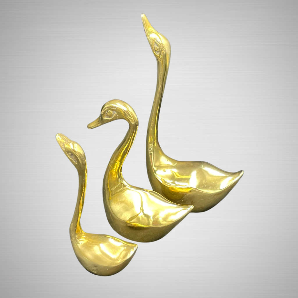 Vintage Brass Swan Figurine Trio - 1960s Indian Ornamental Statues